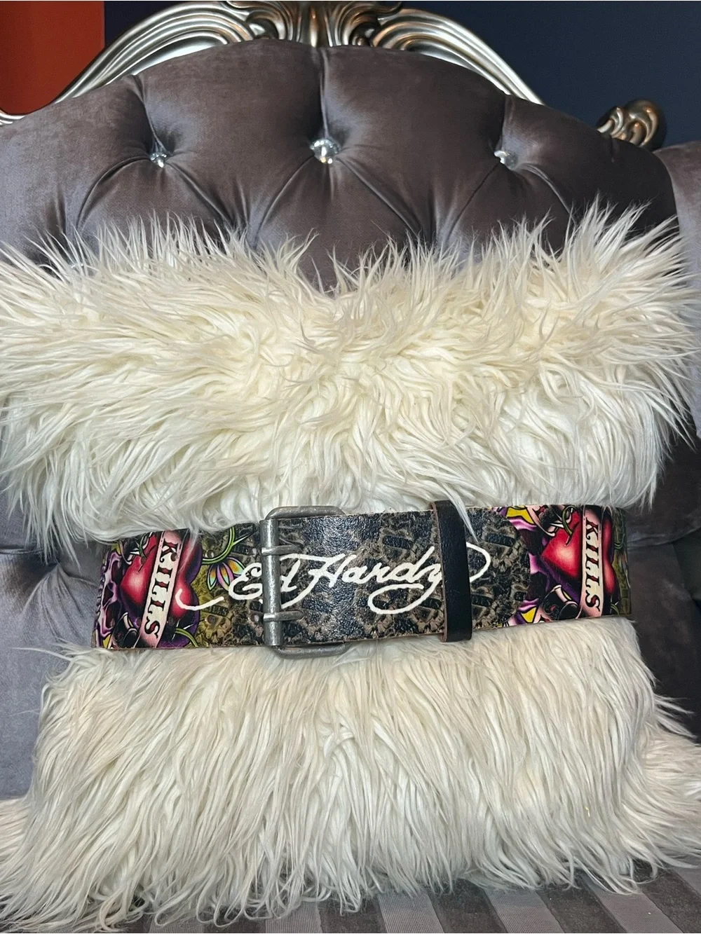 💀🖤 Ed Hardy Tattoo Art Leather Statement Belt with Skull & 